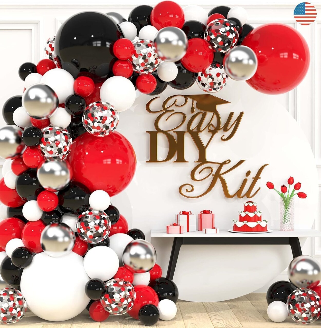 ALL-IN-1 Red Black and White Balloon Arch Kit for Red and Black Birthday Party Decorations – Red and Black Balloons for White Black and Red Balloon Garland Kit – Graduation Black and Red Balloons